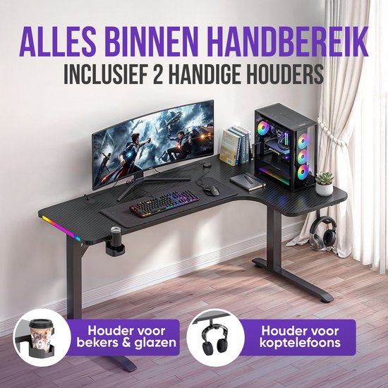 Avalo Gaming-Schreibtisch – 160 × 100 × 75 cm – L-förmiger Eckschreibtisch – Gaming-Schreibtisch mit LED-Beleuchtung – Tisch – Schwarz – Ecke rechts