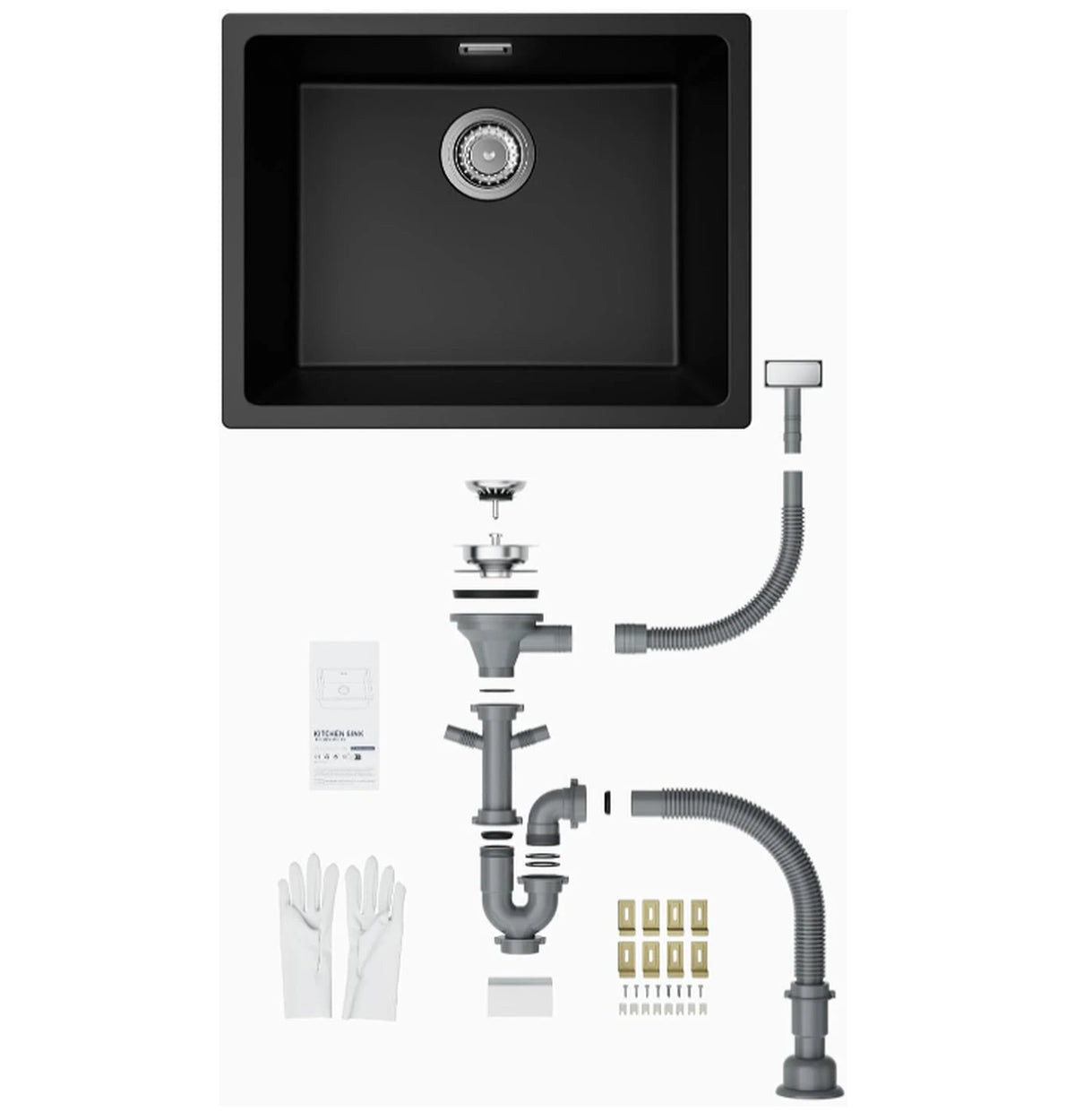 Cecipa Max Granit-Spülbecken 55 x 44 cm – Unterbau und Aufsatz – Geräuschdämpfend mit Siphon – Schwarz