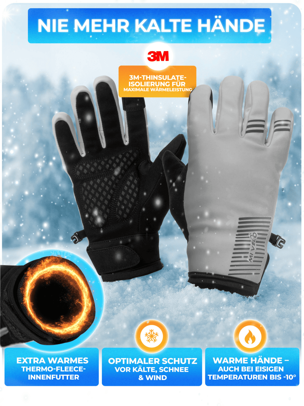 MiVelo Winterhandschuhe - Thermo-Fleece & 3M - Winddicht, Wasserdicht, Touchscreen & Anti-Rutsch - Vollständig reflektierend - Größe XL