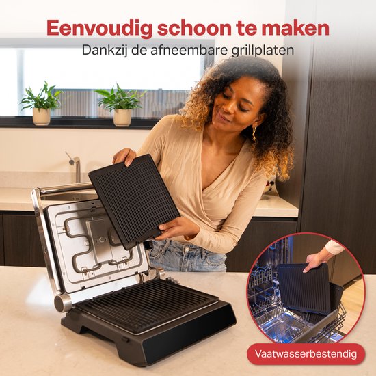 AoraKitchen Kontaktgrill - 180º ausklappbar - Grillgerät mit abnehmbaren Platten - 7 Ständer - Sandwich- und Panini-Eisen - 2000W