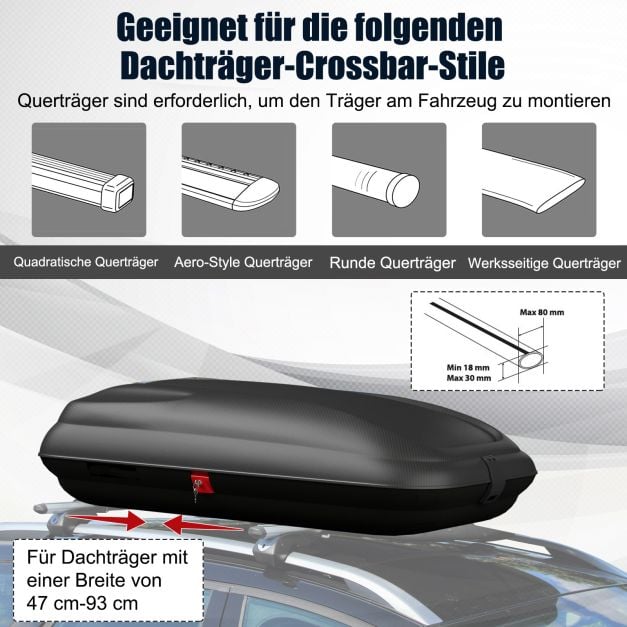 Coast Dachbox 250 Liter – Abschließbare Autodachbox mit Zentralverriegelung, Schlüsseln und Spanngurten – Schwarz