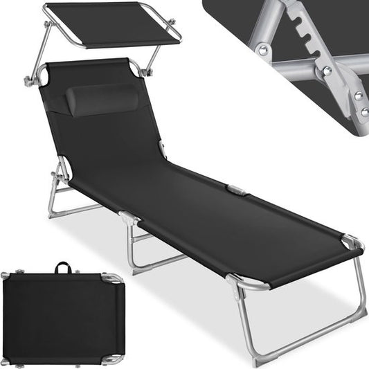 Tectake - Sonnenliege - Stahlgestell mit Schiebedach - robust, 4-fach verstellbare Rückenlehne inklusive Kissen - Ideal für Garten, Pool, Camping - Schwarz