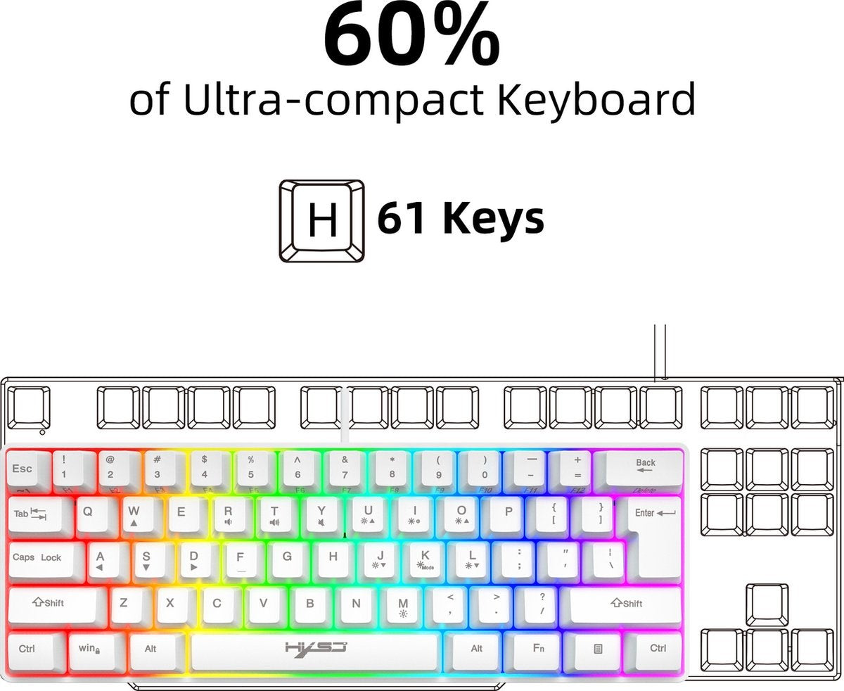 HXSJ Gaming Tastatur - V700 RGB - Membran kabelgebunden - 61 Tasten - TKL - Qwerty - Weiß