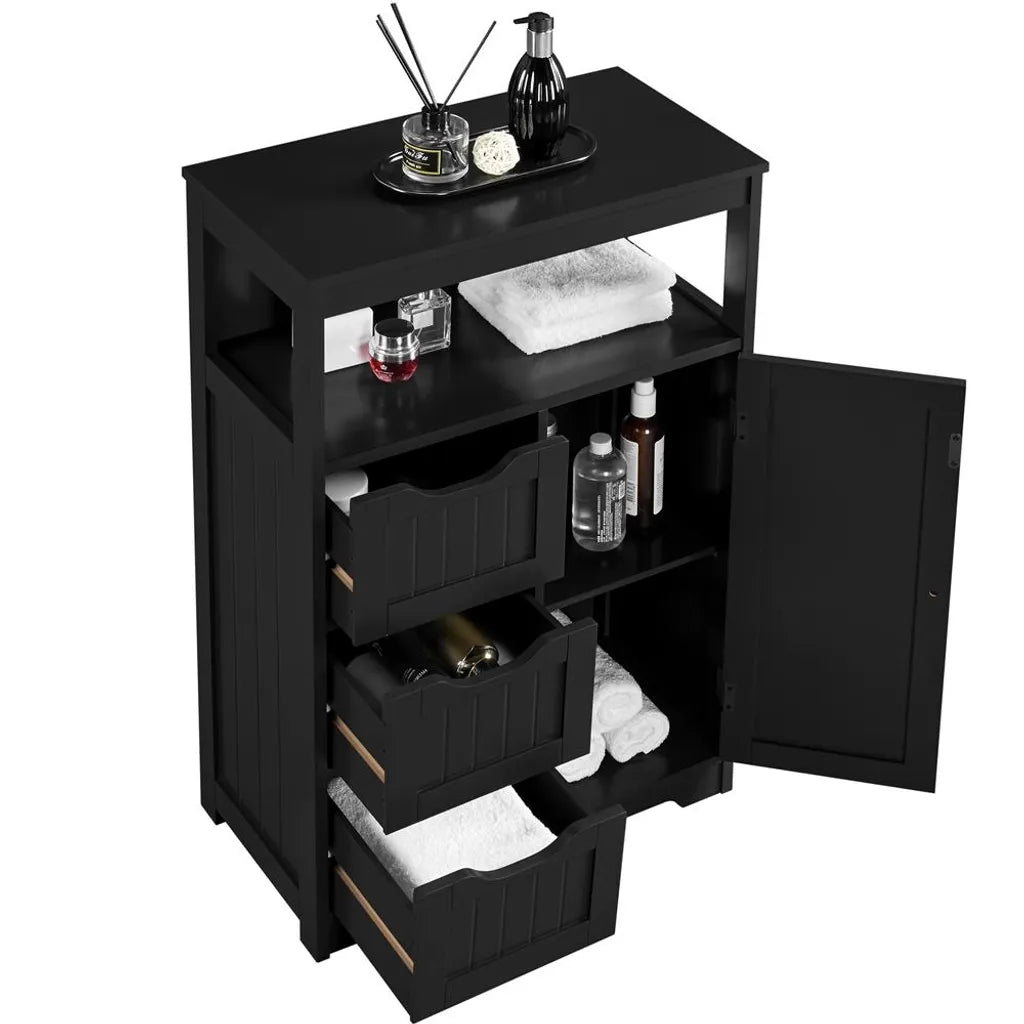 Yaheetech Badezimmerschrank 55,5 x 29,5 x 86,5 cm – Schwarz – Badezimmermöbel mit 3 Schubladen und verstellbarem Einlegeboden