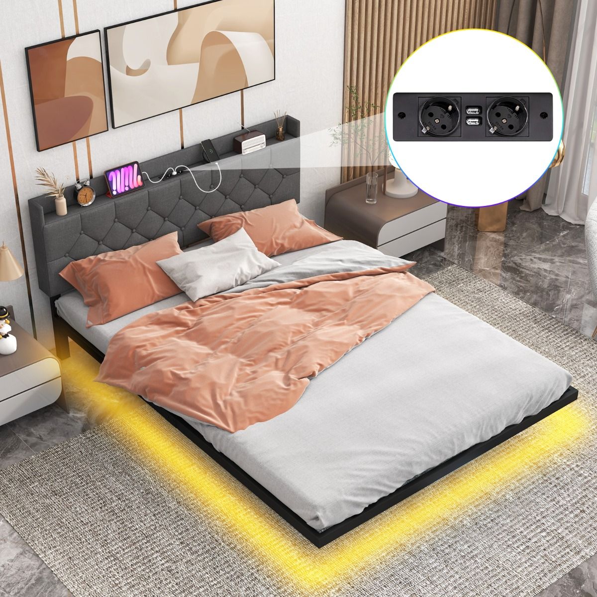 Coast Polster-Hängebett mit LED-Beleuchtung und verstellbarem Kopfteil - 160 x 200 cm - Grau