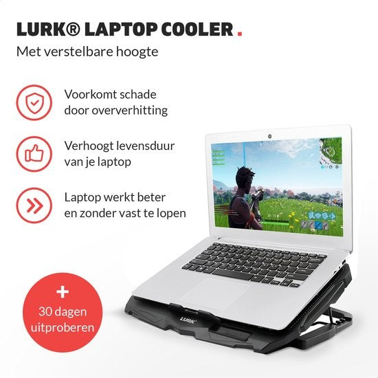 LURKÂ® Laptop-Kühlständer - Laptoperhöhung/Kühlung - 4 Lüfter - Coolpad - Bis zu 17 Zoll - Ergonomisch einstellbar