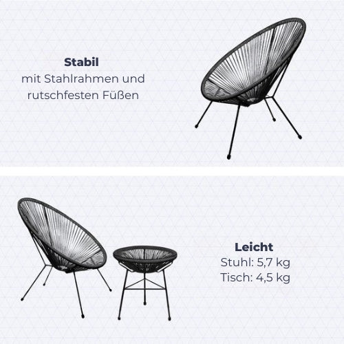 LifeGoods - Acapulco Bistro Set - 3-tlg. - Gartenset mit Beistelltisch - Schwarz