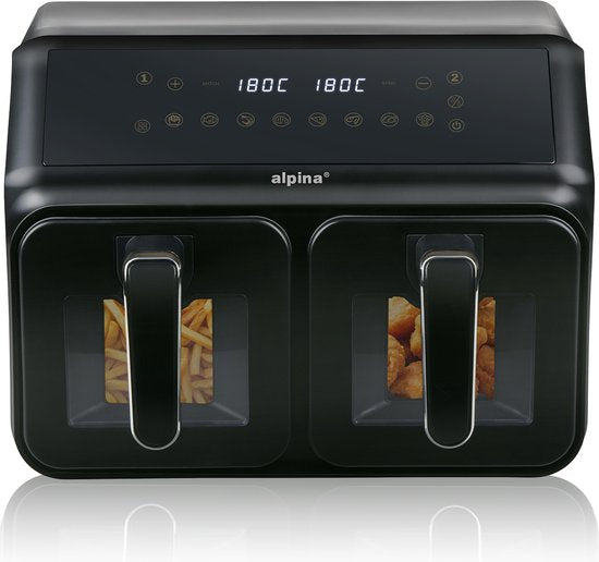 alpina Doppel-Airfryer XXL – Heißluftfritteuse 2x4 l – Airfryer mit digitalem Touchscreen – Heißluftofen für 6 Personen und mehr – 8 Kochprogramme – Sync-Modus – Timer-Funktion