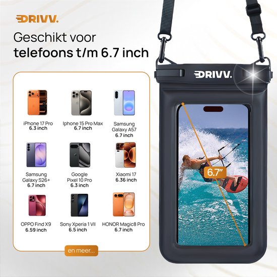 Drivv. Luxuriöse wasserdichte Handyhülle – schwimmfähig – doppelter Clipverschluss – zusätzlicher Schwamm – für Handys bis zu 6,8 Zoll – Unterwasser-Handyhülle – Schwarz