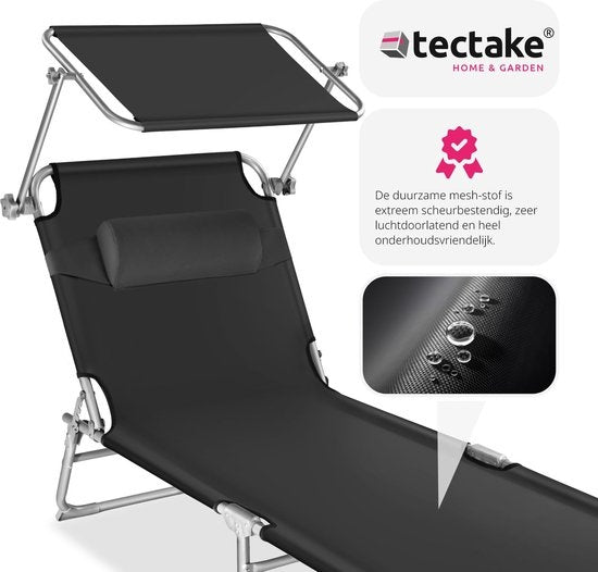 Tectake - Sonnenliege - Stahlgestell mit Schiebedach - robust, 4-fach verstellbare Rückenlehne inklusive Kissen - Ideal für Garten, Pool, Camping - Schwarz
