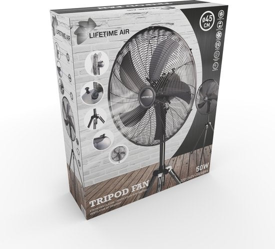 Lifetime Air Stativ-Ventilator - 230V - Höhe 125-145 CM - Dreibein-Stativ - 3 Geschwindigkeiten - Oszillationsfunktion - Neigbar - Silber