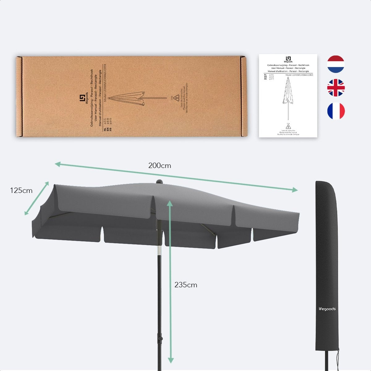 LifeGoods - Sonnenschirm - 200x125cm - 30° neigbar - Wasserdicht - mit Bezug - Grau