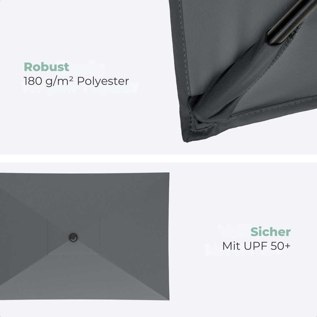 LifeGoods Rechteckiger Sonnenschirm mit Bezug - 30° neigbar - Wasserdicht - 270x180cm - Dunkelgrau