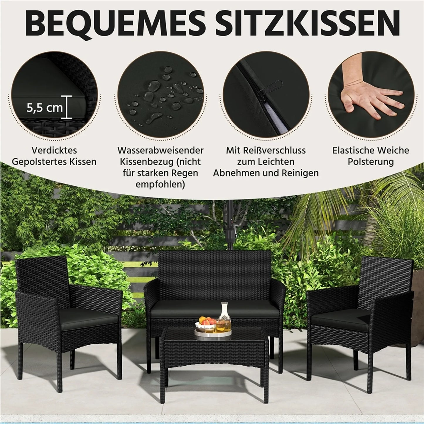 Yaheetech Garten-Set Lounge-Set 4-teilig - 100 x 59,5 x 83,5 cm - Ausgestattet mit handgeflochtenem PE-Rattan und Glastischplatte und waschbaren Kissen - Für Garten und Balkon - Schwarzes Polyethylen und Metall