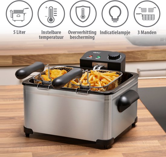 alpina Fritteuse Double 5 Liter - Fritteuse mit einstellbarem Thermostat - Fritteuse mit 3 herausnehmbaren Körben - Fritteuse 2000W - 27,5 x 21,5 x 30,5 cm - Edelstahl