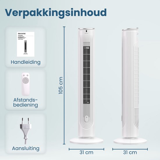 Auronic Tower Fan - Bodenventilator - Luftkühler - Standventilator - 105 CM - 5 Geschwindigkeiten - Mit Fernbedienung - Leiser Ventilator - Ventilator - 45 dB - Weiß