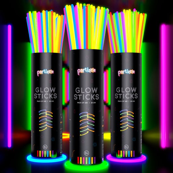 Partizzle 300 Stück Glow in the Dark Sticks - Extra Thick - Incl. Glowsticks Connectors - Breaking Sticks - Neon Karneval Party Artikel - Geburtstag Neujahr Party Dekorationen - 7 Farben