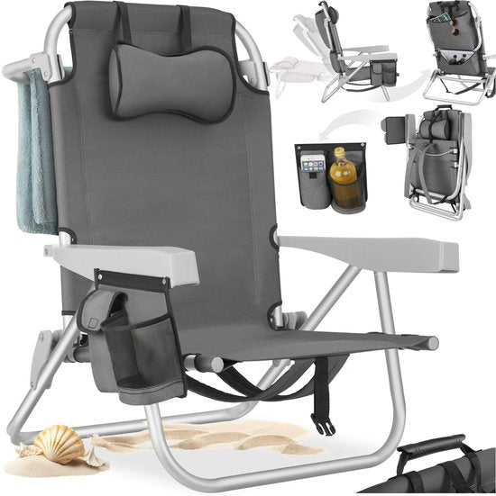 tectake® Beach Chair Coral - faltbarer Campingstuhl mit Kühltasche und Aufbewahrungstasche - 5-fach verstellbare Rückenlehne mit Kopfkissen - breite Armlehnen mit Becherhalter / Telefonhalter - faltbarer Campingstuhl - Grau