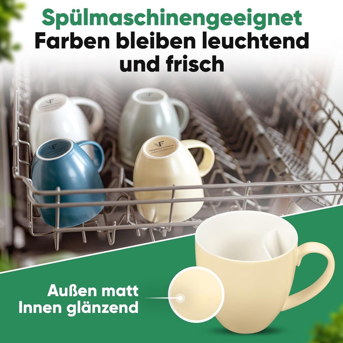 Neighbour's Friend Patentierte Teetasse beige mit Beutelablage I Keramik Tasse groß 325ml I Teebecher Steingut I Keramiktasse für Tee I Spülmaschinengeeignet Teetassen I Modernes Design für Teetrinker