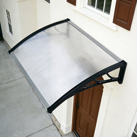 AXI Lux Tür- und Veranda-Markise Schwarz – 128 x 75 x 24 cm – Transparentes Polycarbonat – Aluminiumrahmen – UV-Schutz – Inklusive Befestigungsmaterial
