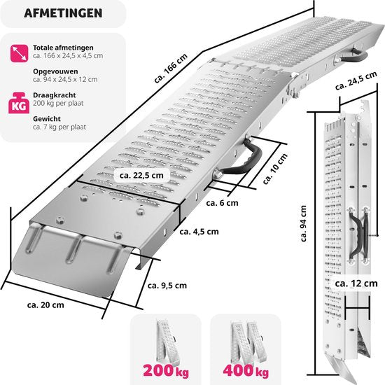 tectake - 2er-Set Björn-Rampen - Zusammenklappbar mit Tragegriffen - Zusammenklappbar - Belastbarkeit bis 400 kg - 200 kg pro Rampe - 166 cm