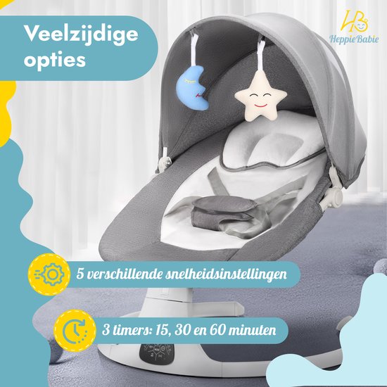 HeppieBabie Electric Rocker - Musik- und Schaukeloptionen - 5-Punkt-Gurt - Babyschaukel - Babyschaukel - Mit Ebook