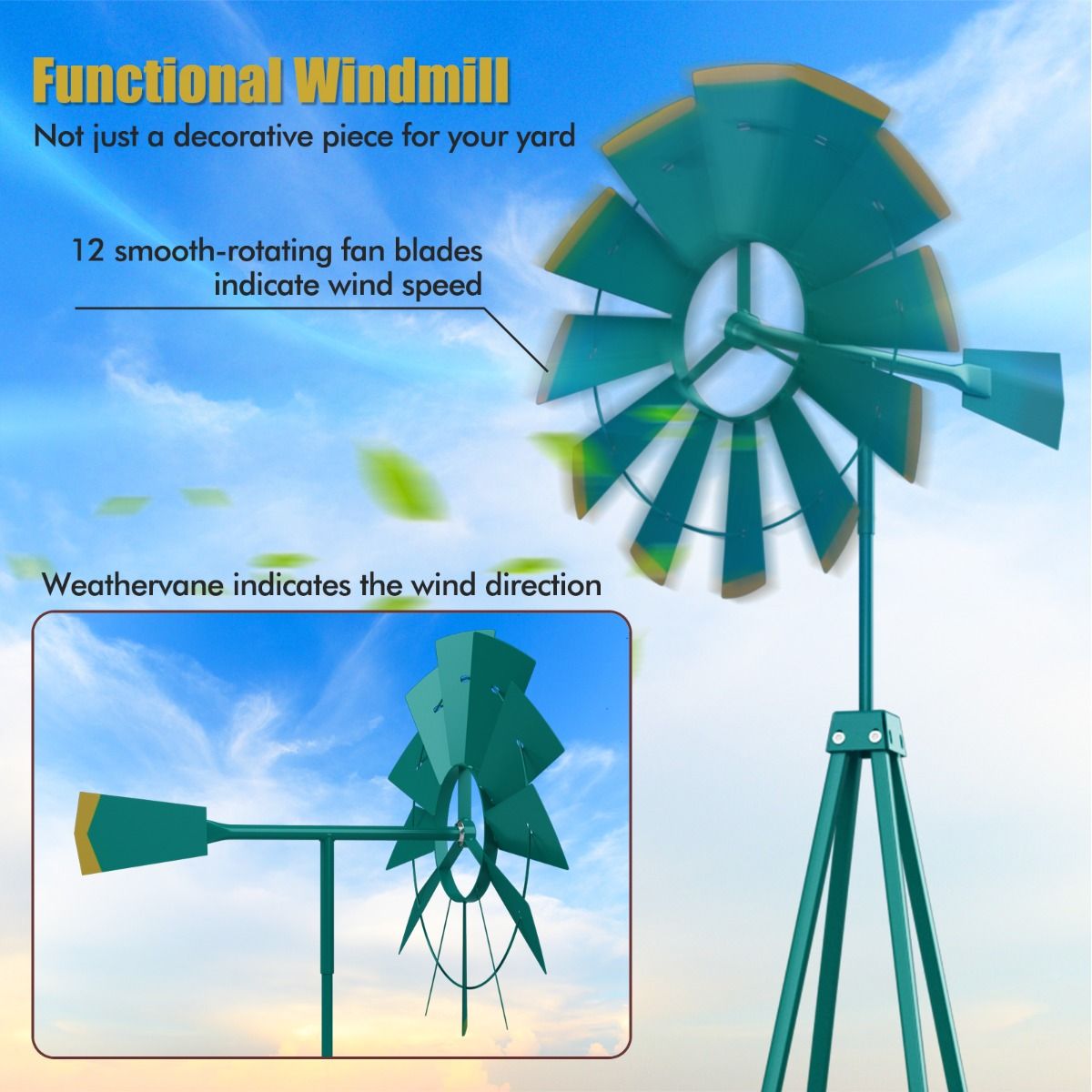 Coast Windmühle Metall Grün - Höhe 253 cm - Wetterfeste Zierwindmühle für Garten, Hof und Bauernhof