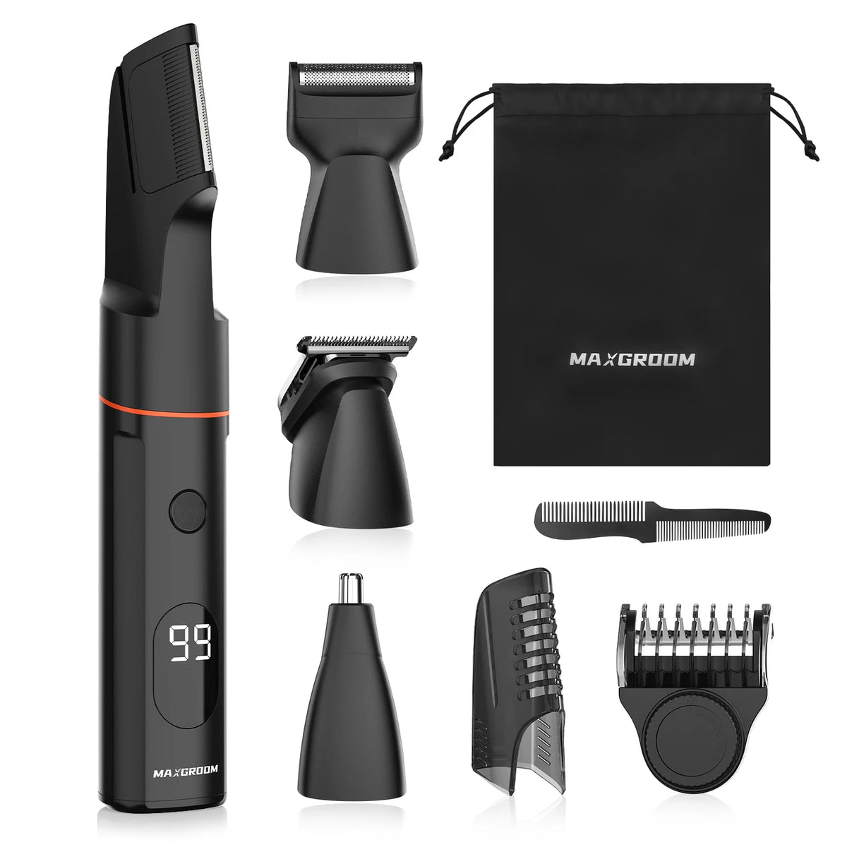 MAXGROOM 7-in-1-Körpertrimmer – kabellos – 1–9 mm – IPX6 wasserdicht – 90 Min. – LED-Anzeige – magnetische Aufsätze