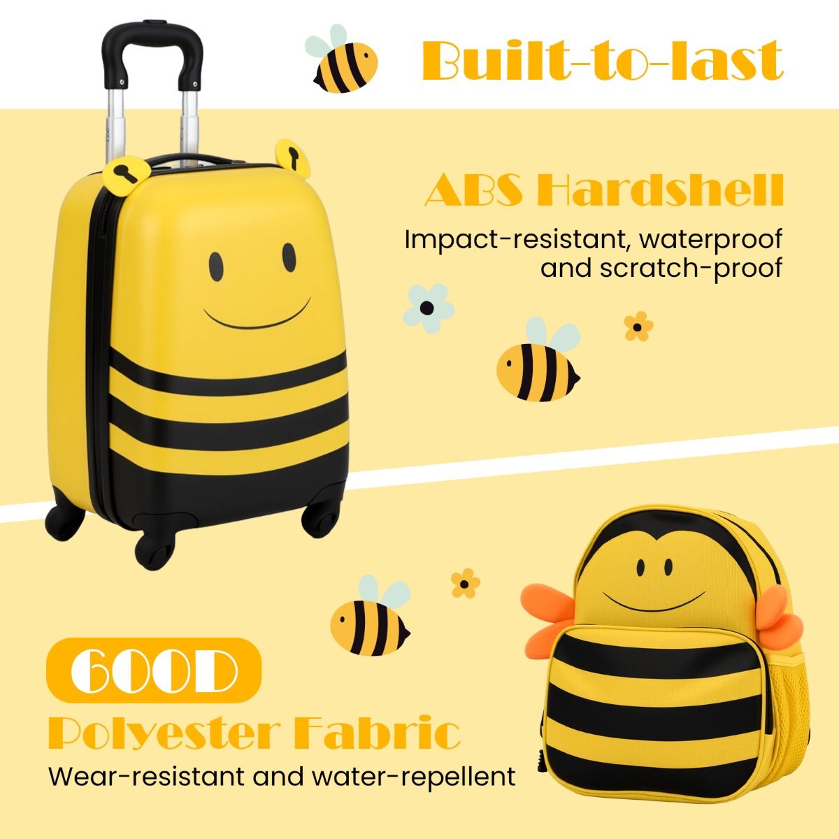 Coast Kinderkoffer- und Rucksack-Set – Bienenmotiv – Mit Rollen und Sicherheitsband – Gelb