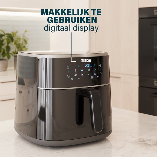 Princess Digital Airfryer XXL 182254 – 8 Liter – Extra groß – PFAS-frei – Heißluftfritteuse – Inklusive höhenverstellbarem Grillrost – Digitaler Touchscreen – 8 Automatikprogramme - 1800 W - Schwarz