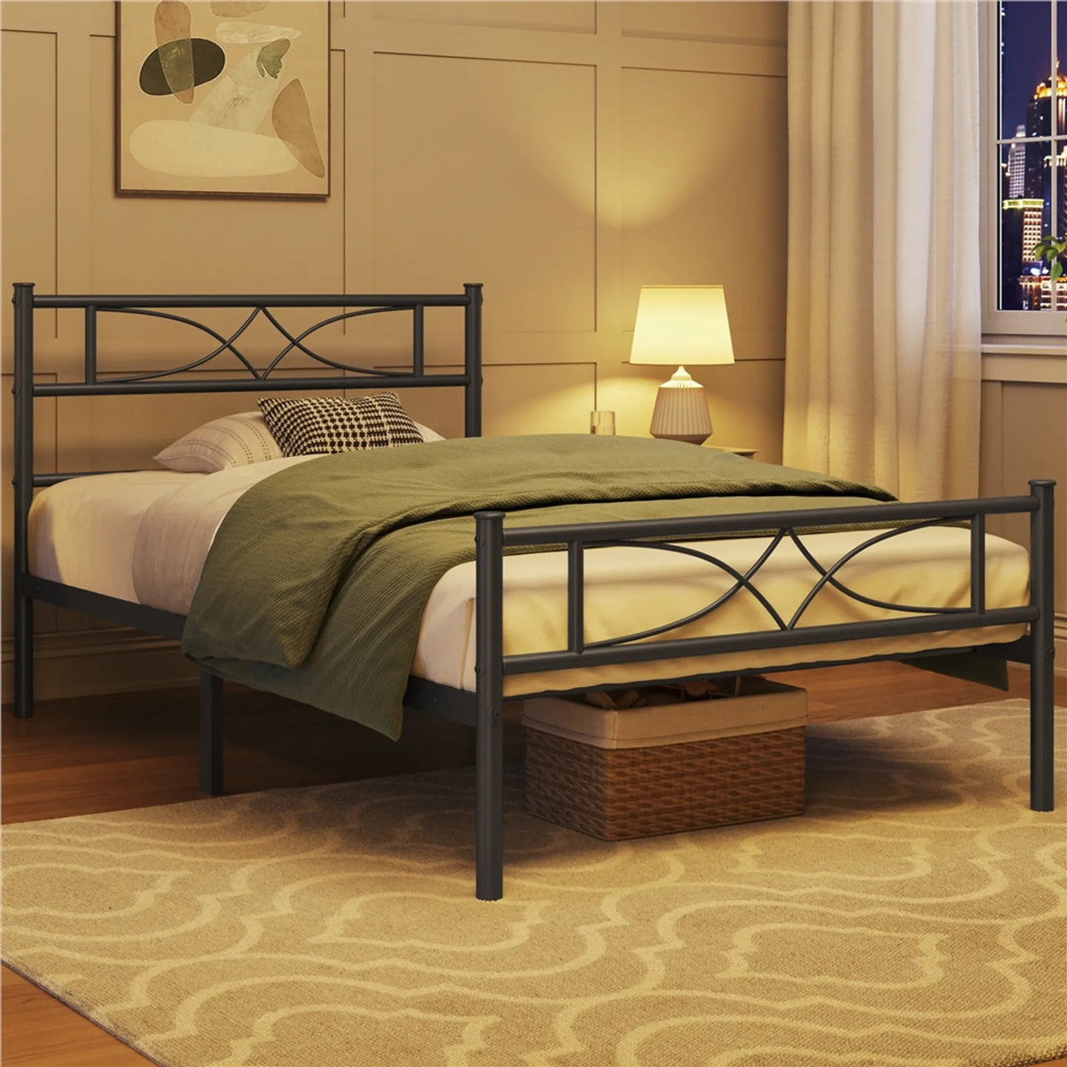 Yaheetech Metallbettgestell 90 x 200 cm – Schwarz – 204 kg – Mit Kopf- und Fußteil – 32 cm Stauraum unter dem Bett