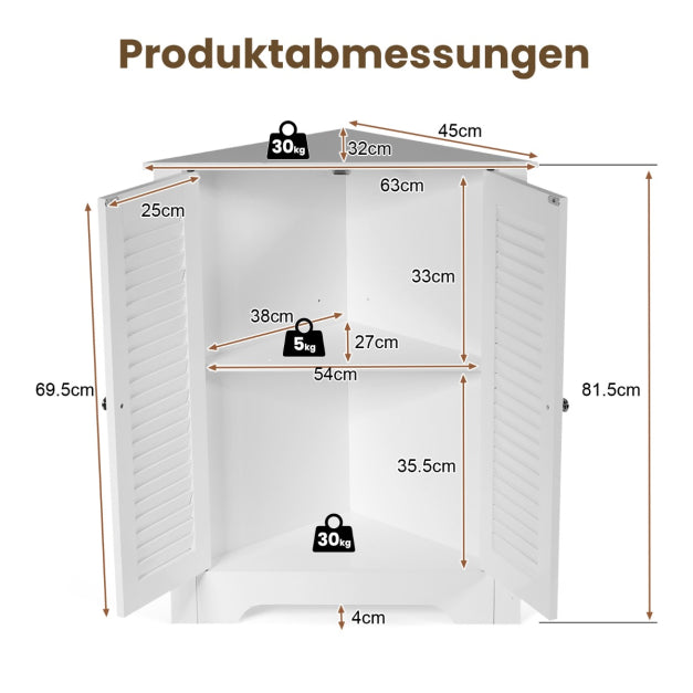 Coast Eckschrank - Lattentür - Verstellbarer Einlegeboden - MDF - 63 x 32 x 81,5 cm - Weiß
