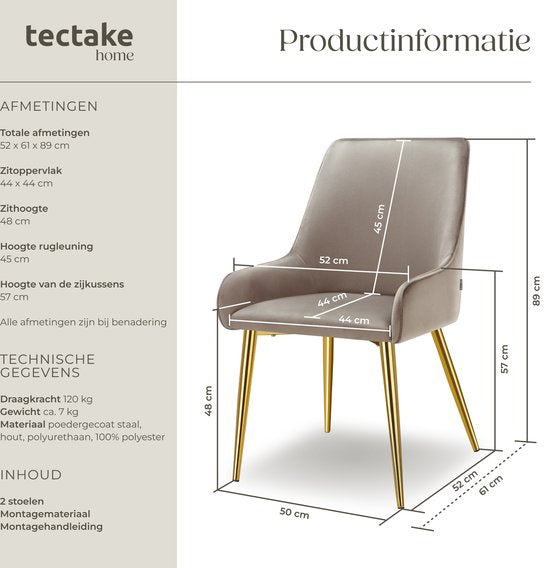 tectake® Esszimmerstuhl Avane - Samtoptik - Ergonomischer Polsterstuhl mit goldenen Stahlbeinen - Belastbarkeit 120 kg - Moderner Esszimmer- und Küchenstuhl - 2er Set - Taupe