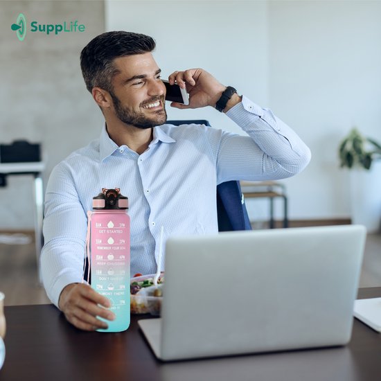 Supplife Trinkflasche – 1 Liter – mit Strohhalm – Motivation – Sporttrinkflasche – BPA-frei – Pink Aqua