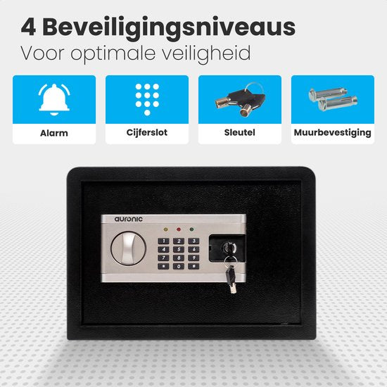 Auronic Elektronischer Safe - Zahlenkombinationsschloss - Schlüssel - Wandmontage - 4,3cm Tür - 130dB Alarm - 28L - 30x38x30cm - 10KG - Stahl - Schwarz