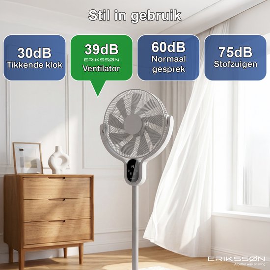 Erikssøn Standventilator – Leise und leistungsstark, 45 W – 8 Geschwindigkeitsstufen – Verstellbar – Standventilator – Grau
