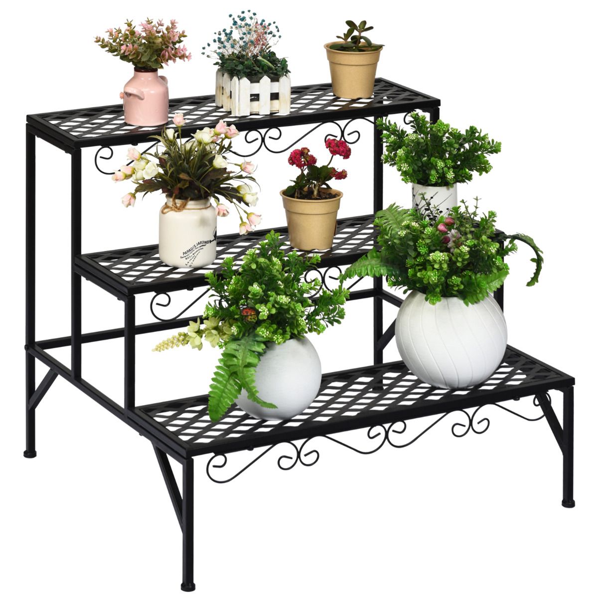 Coast Pflanzenregal mit drei Ebenen – Blumenständer aus Metall – Freistehende Pflanzenleiter – Schwarz – 70 x 60 x 60,5 cm