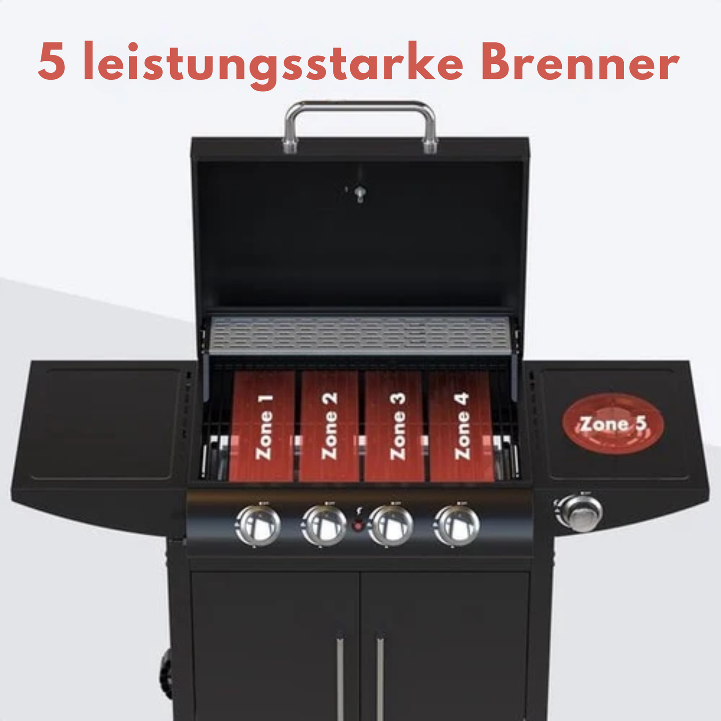 KitchenBrothers Gasgrill - Mit Seitenbrenner - 5 Brenner - Mit Gasanschluss - 42x57cm Grillfläche - Schwarz