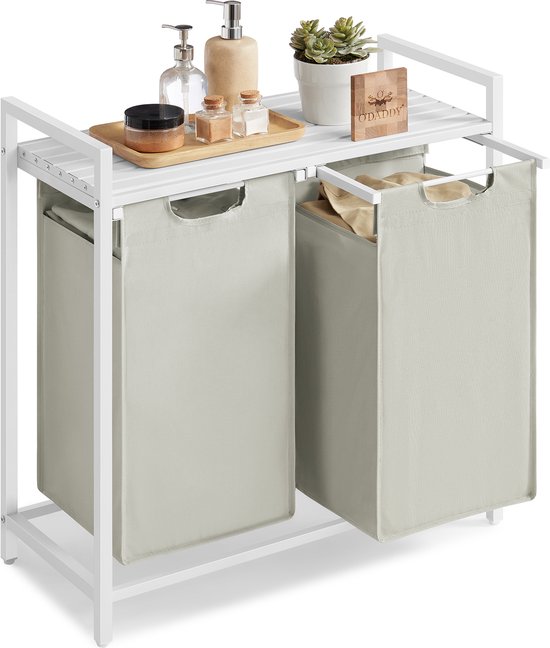 O'DADDY® Wäschekorb 2 Boxen - Ausziehbarer Wäschesortierer mit Regal - 76 Liter - 73 x 33 x 72 cm - Verstellbare Beine - Einfache Montage - Multifunktional und stilvoll - Metall - Weiß