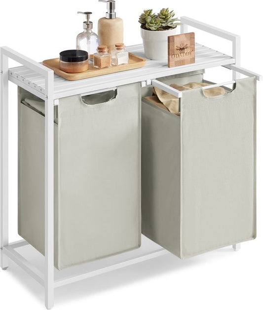 O'DADDY® Wäschekorb 2 Boxen - Ausziehbarer Wäschesortierer mit Regal - 76 Liter - 73 x 33 x 72 cm - Verstellbare Beine - Einfache Montage - Multifunktional und stilvoll - Metall - Weiß