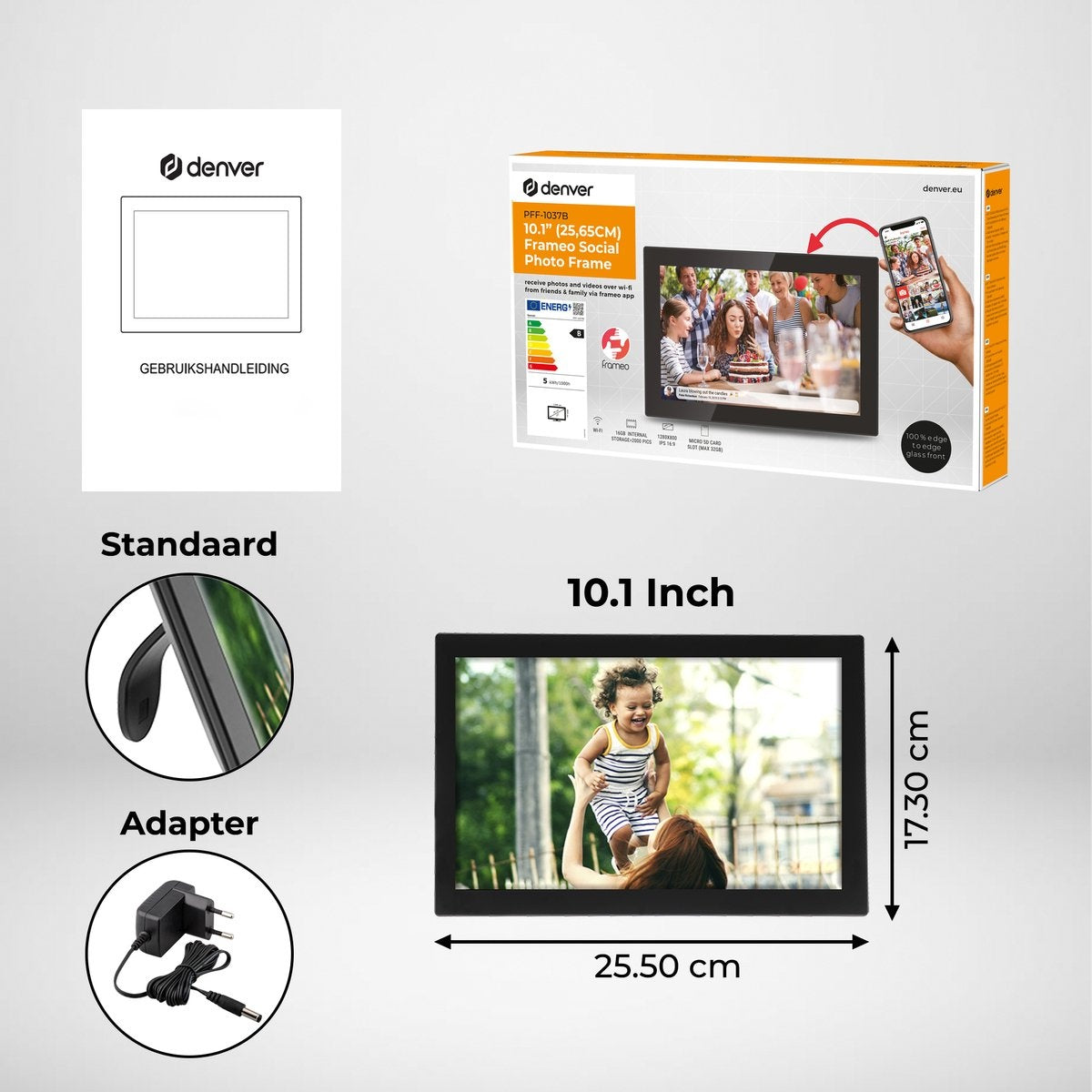 Denver Digitaler Fotorahmen - 10-Zoll-Glasdisplay - Frameo App - WiFi - IPS-Touchscreen - 16GB - Schwarz