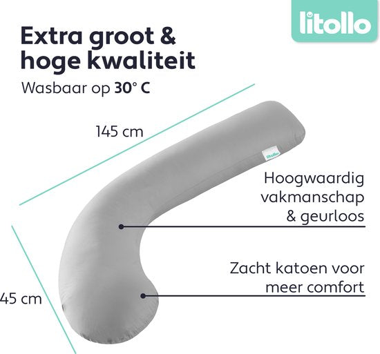 Litollo® Schwangerschaftskissen (J-förmig) - Seidenkissen - Stillkissen - Körperkissen - 145cm - Abnehmbarer Bezug - Grau