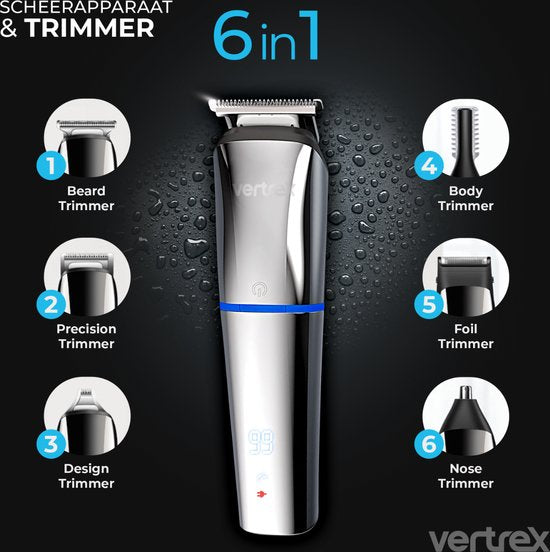 Vertrex 6 in 1 Barttrimmer Pro+ Bodygroomer Men - Nasentrimmer - Clipper - Rasierer - Trimmer Bart und Körper