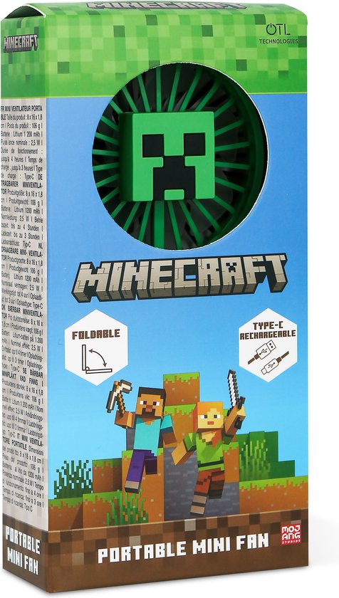 Minecraft – Ventilator – zusammenklappbar – zwei Geschwindigkeitsstufen – über USB-C aufladbar – 4 Stunden Betriebsdauer – leise