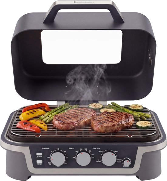 KitchenBrothers Elektro-Grill und Smoker – Tischmodell für den Balkon – 90 °C bis 250 °C – 2600 W – Tischgrill – Mit Sichtfenster