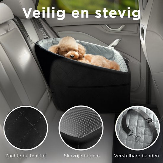 CozySense® Hundeautositz - Hundekorb für kleine Hunde - Vorder- und Rücksitz - mit Sicherheitsgurt, Staufach und waschbarem Bezug - Schwarz/Grau