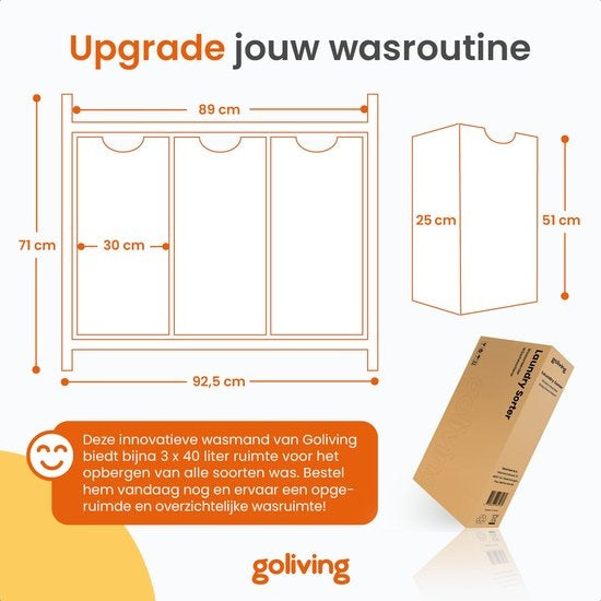 Goliving Wäschesortierer - Wäschekorb mit 3 Fächern - Wäschebox - Oxfort Textil/Metall/Holz - 3 x 38 Liter - 25 x 92,5 x 71 cm - Schwarz