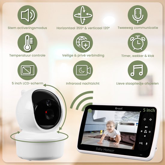 Saaf Babyphone - Inkl. Kamera und Monitor - Steuerbar/neigbar - Sprechfunktion - 5" Bildschirm