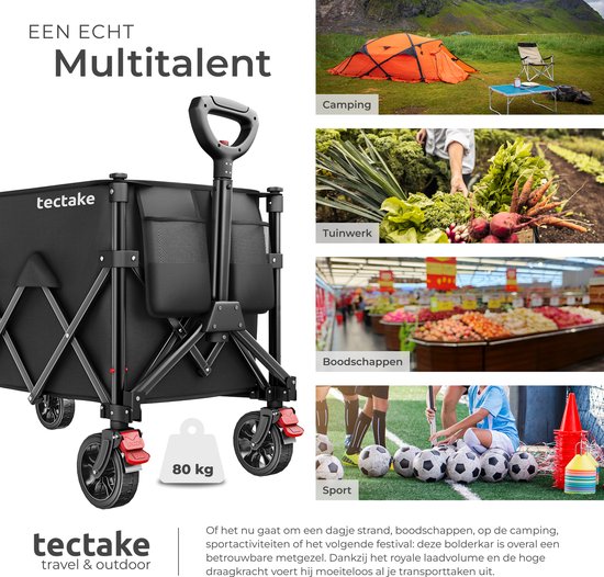tectake® Handkarren – Zusammenklappbar – 80 kg Tragkraft – Schwenkbare Vollgummiräder mit Bremse – 45 x 88 x 95 cm - Handkarren – Transportwagen – Mit verstellbarer Schubstange – Handkarren – Wasserabweisender Transportwagen – Mit Ablagebrett und Innenfac