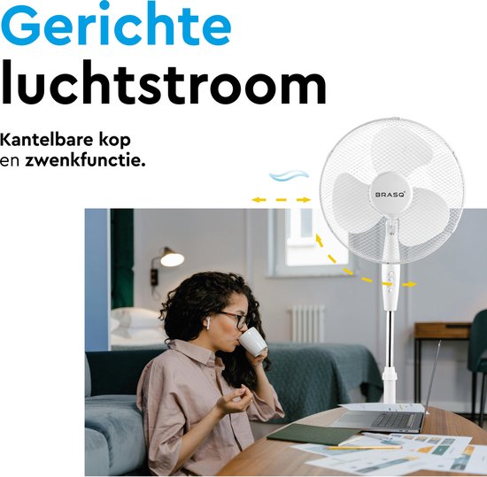 BRASQ Stativventilator - 40 cm - Weiß - Höhenverstellbar - 3 Geschwindigkeiten - 40 Watt